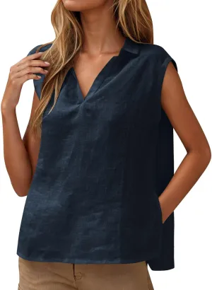 Cotton Linen Shirts for Women Sleeveless Collared Tank Tops Oversized Blouses Work Shirts V-Neck Casual Summer Tshirt