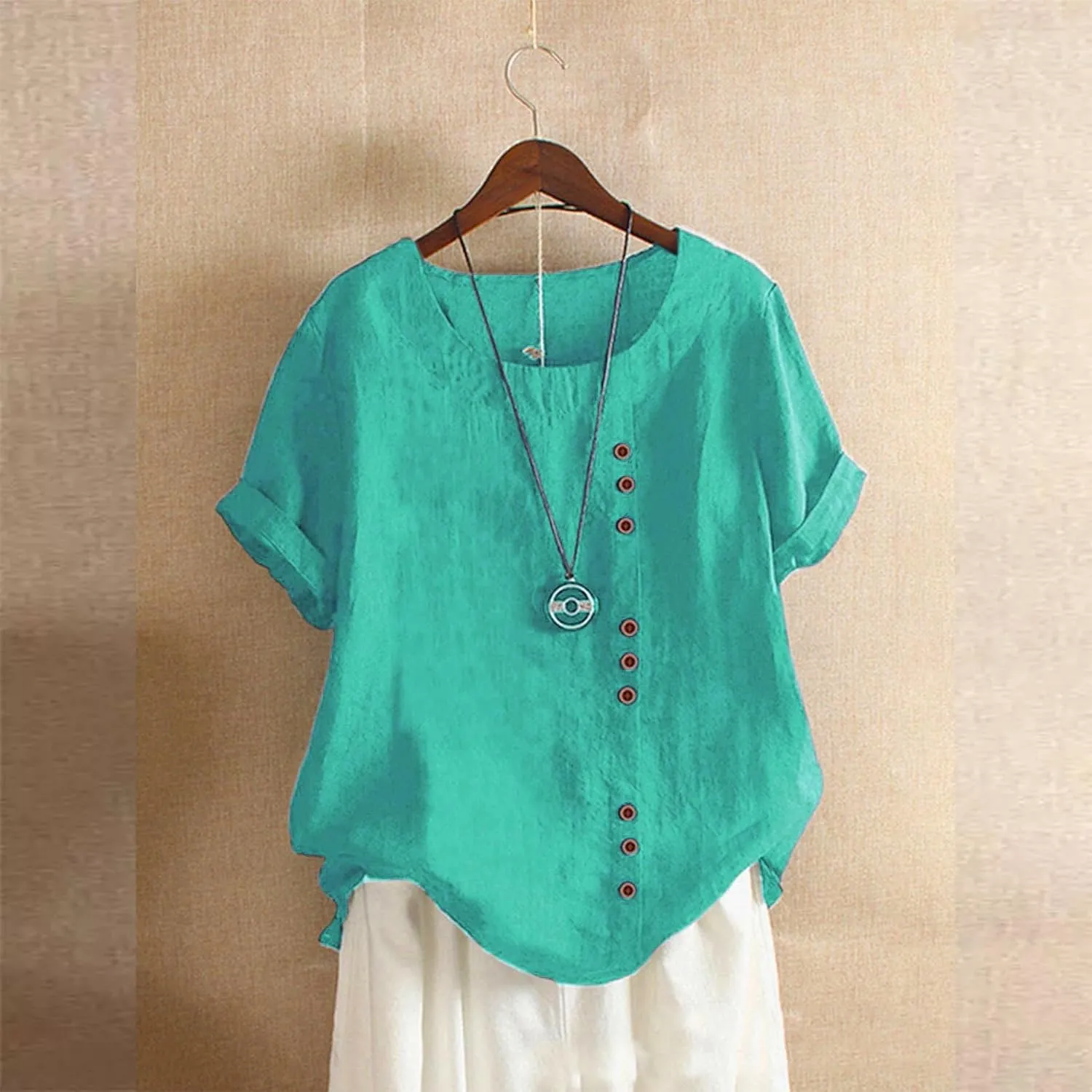 Cotton Linen Tops for Women 2025 Summer Casual Roll Up Short Sleeve T-Shirt Loose Fit Solid Color Tees Blouses