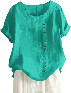 Cotton Linen Tops for Women 2025 Summer Casual Roll Up Short Sleeve T-Shirt Loose Fit Solid Color Tees Blouses