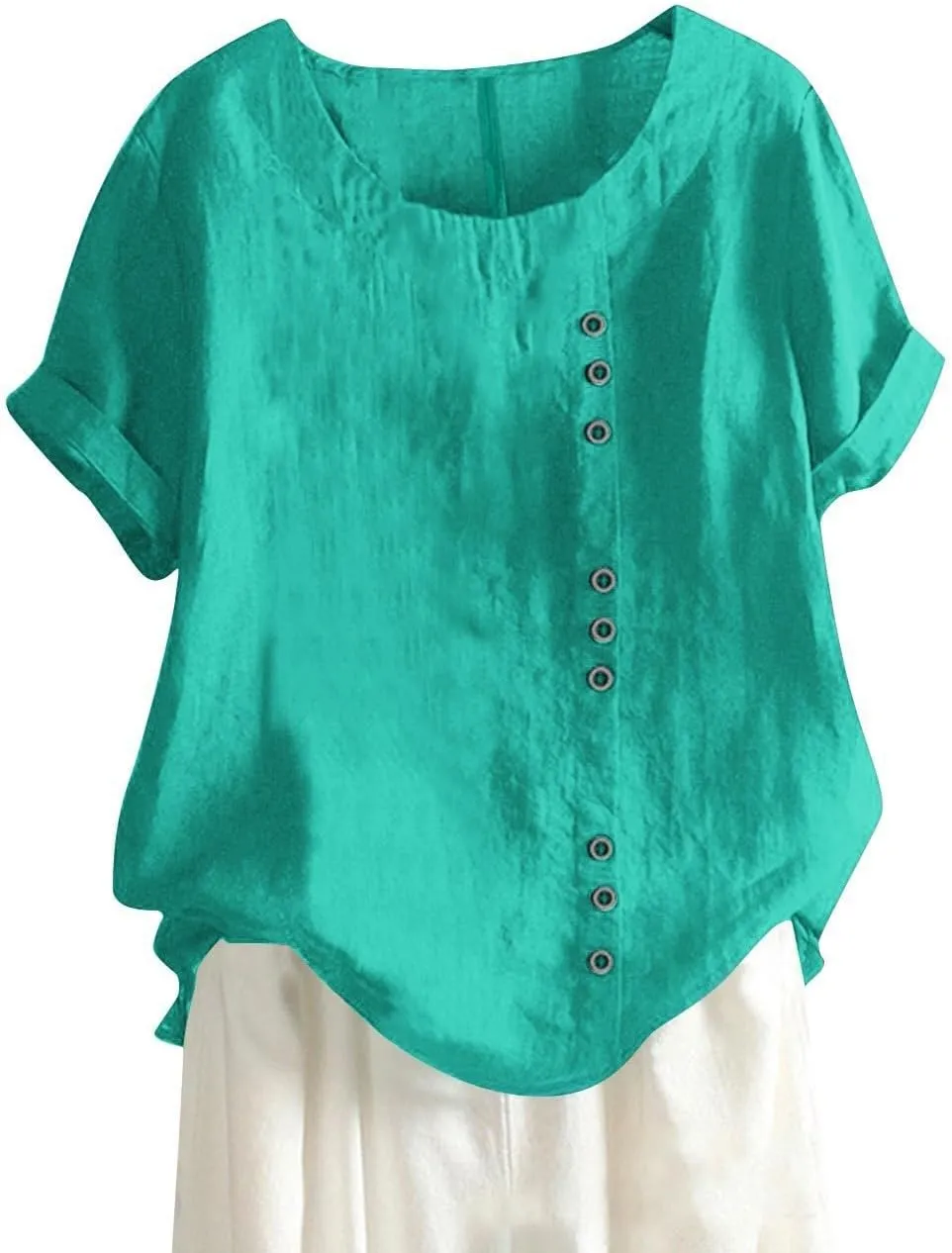 Cotton Linen Tops for Women 2025 Summer Casual Roll Up Short Sleeve T-Shirt Loose Fit Solid Color Tees Blouses
