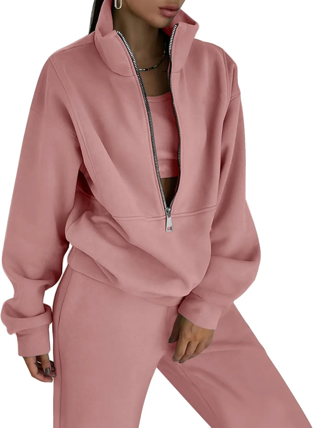 COZYPOIN Women's Sweatsuit Sets 2 Piece Fleece Outfit Half Zip Sweatshirt and Joggers Pants Tracksuit