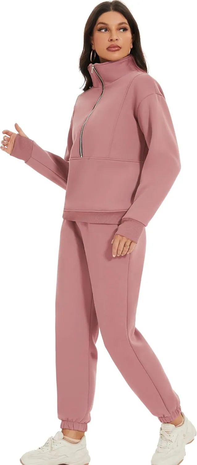 COZYPOIN Women's Sweatsuit Sets 2 Piece Fleece Outfit Half Zip Sweatshirt and Joggers Pants Tracksuit