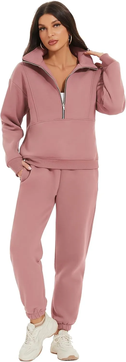 COZYPOIN Women's Sweatsuit Sets 2 Piece Fleece Outfit Half Zip Sweatshirt and Joggers Pants Tracksuit
