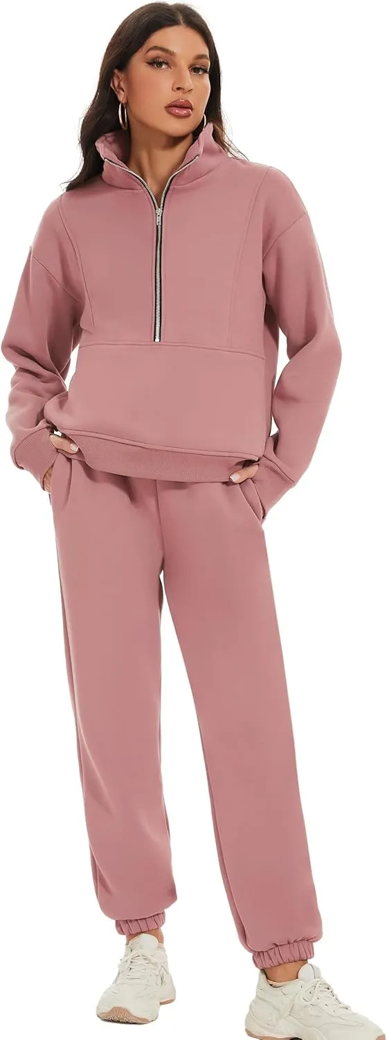 COZYPOIN Women's Sweatsuit Sets 2 Piece Fleece Outfit Half Zip Sweatshirt and Joggers Pants Tracksuit