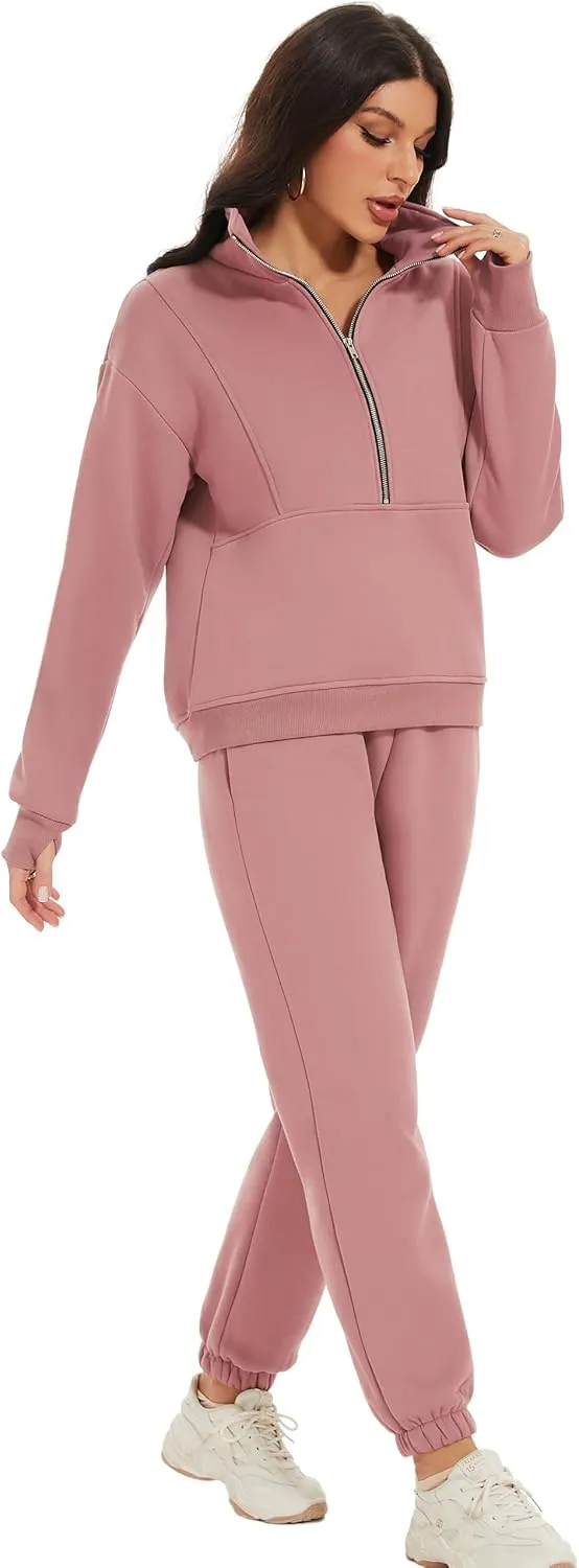 COZYPOIN Women's Sweatsuit Sets 2 Piece Fleece Outfit Half Zip Sweatshirt and Joggers Pants Tracksuit