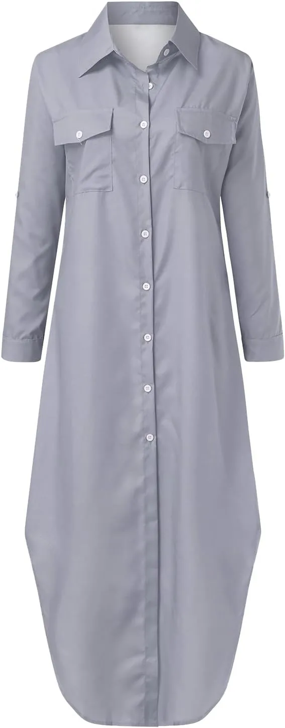 Denim Maxi Dresses Women's Summer Casual Button Down Shirt Dress Roll Up Sleeve Loose Long Shift Jean Dress Plus Size