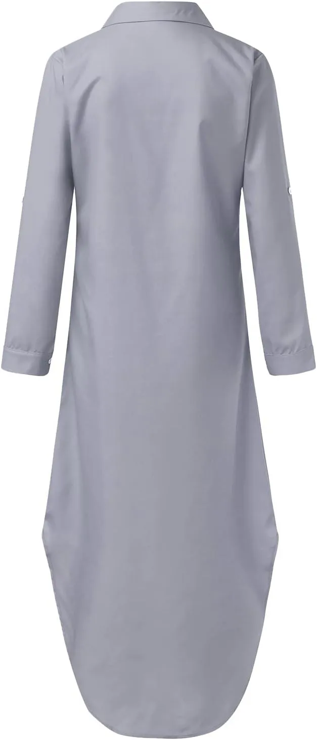 Denim Maxi Dresses Women's Summer Casual Button Down Shirt Dress Roll Up Sleeve Loose Long Shift Jean Dress Plus Size
