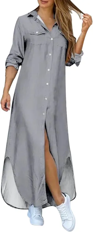 Denim Maxi Dresses Women's Summer Casual Button Down Shirt Dress Roll Up Sleeve Loose Long Shift Jean Dress Plus Size