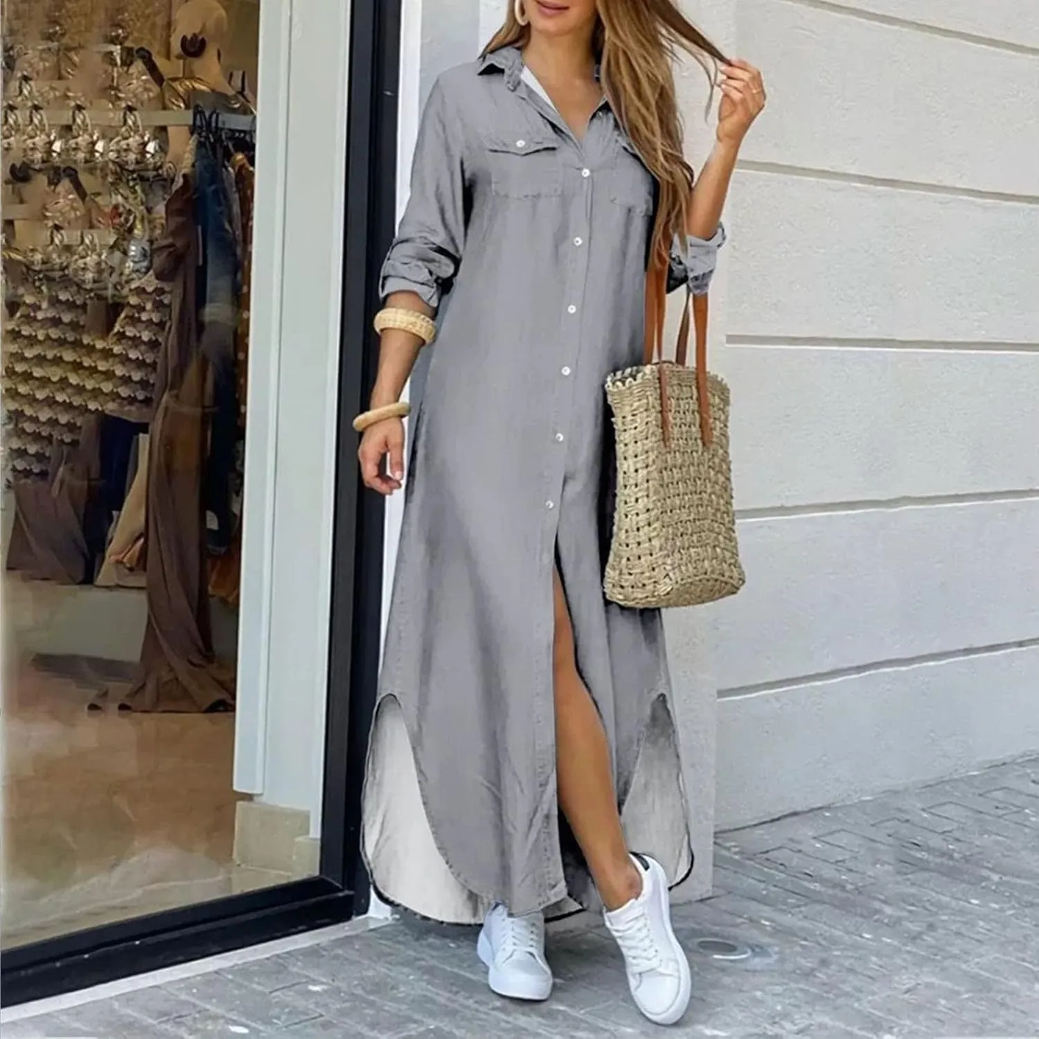 Denim Maxi Dresses Women's Summer Casual Button Down Shirt Dress Roll Up Sleeve Loose Long Shift Jean Dress Plus Size
