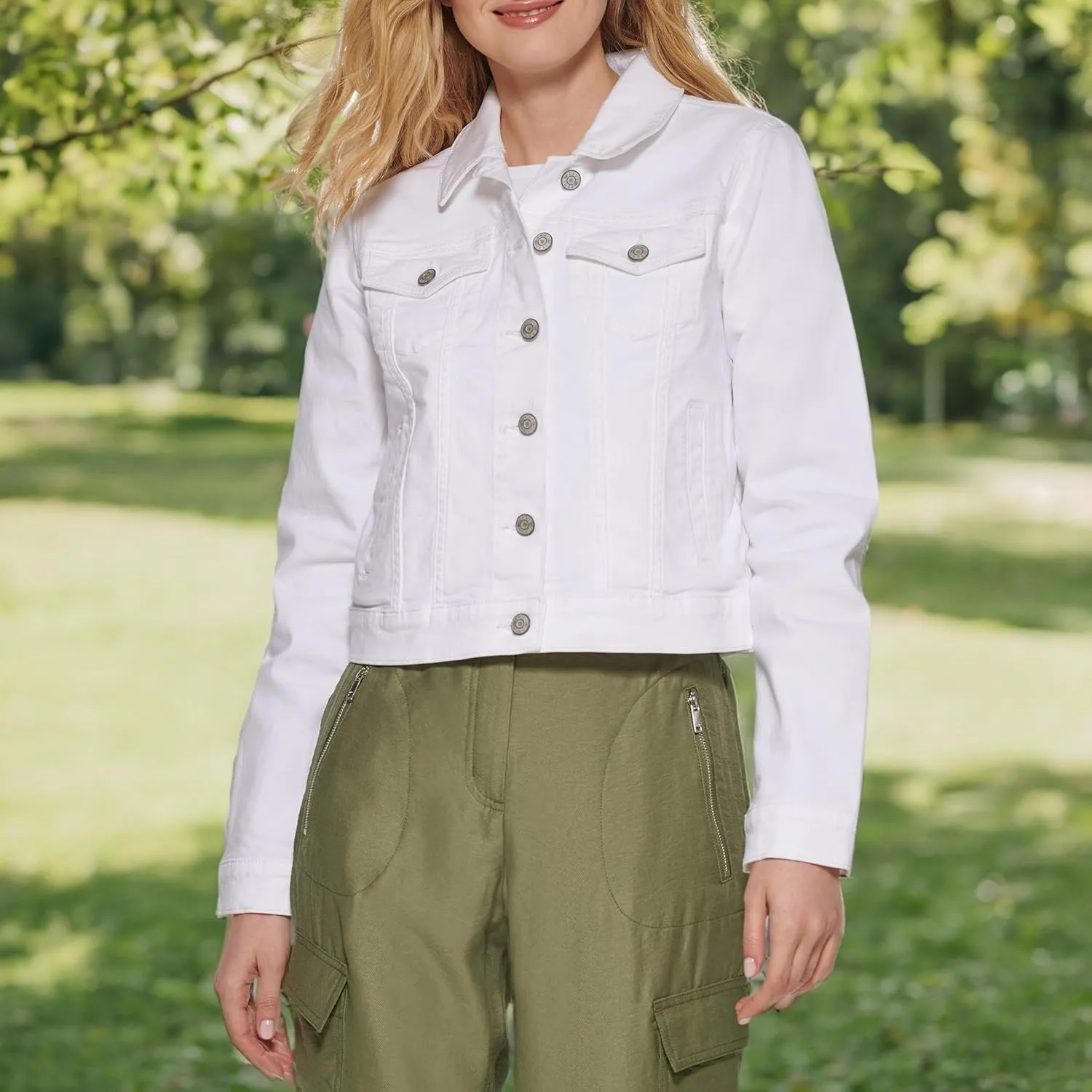 DKNY Women's Denim Cropped Button Up Jacket
