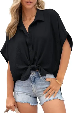 Dokotoo Womens Tops Summer V Neck Button Down Shirts Solid Short Sleeve Blouses Tops