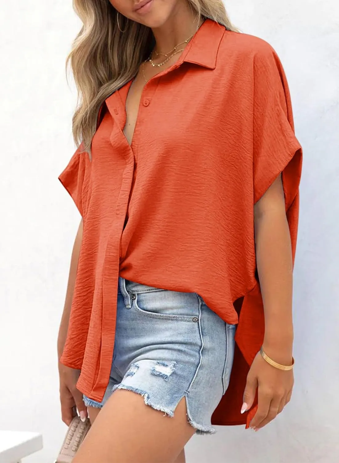 Dokotoo Womens Tops Summer V Neck Button Down Shirts Solid Short Sleeve Blouses Tops