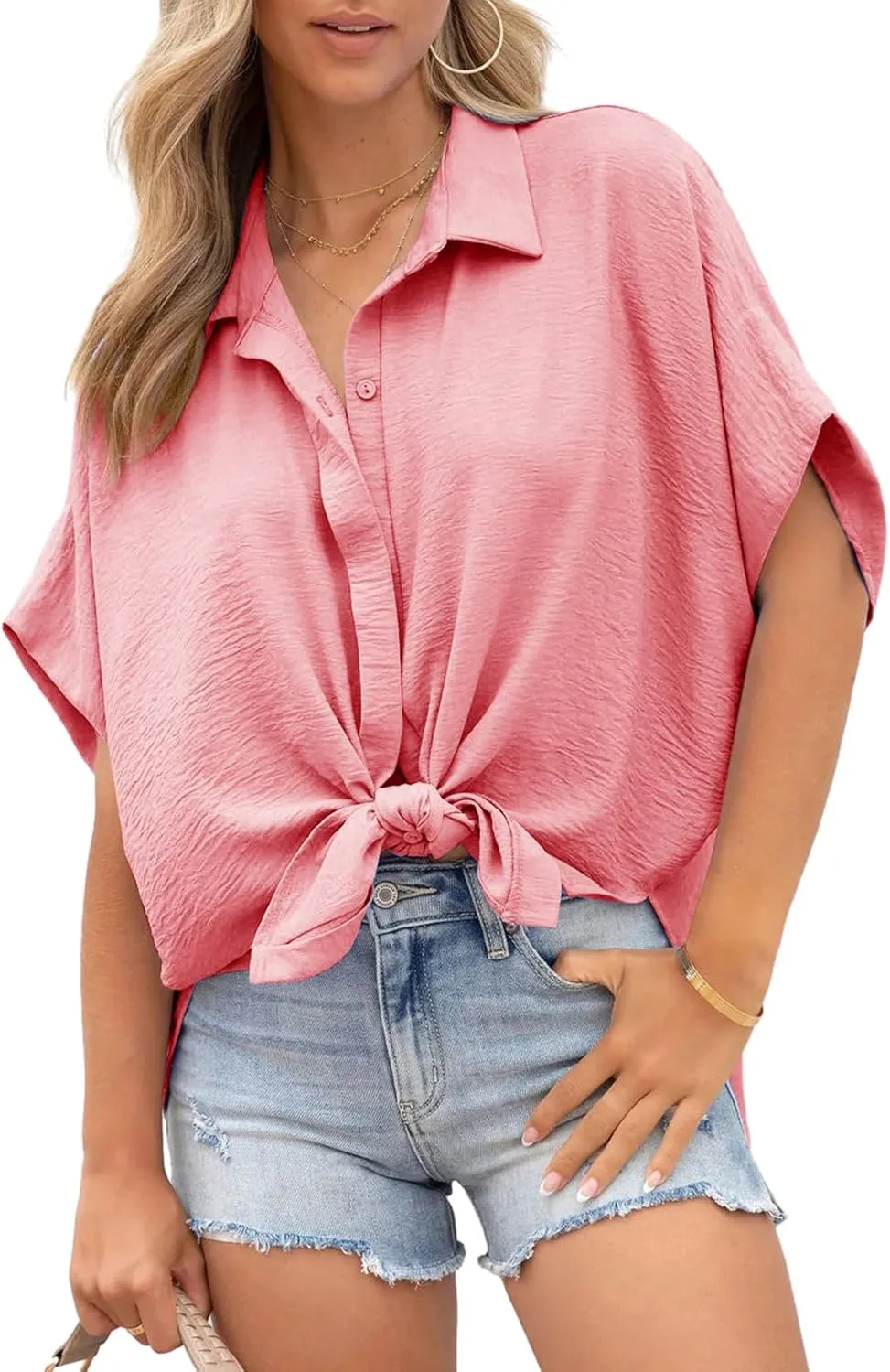 Dokotoo Womens Tops Summer V Neck Button Down Shirts Solid Short Sleeve Blouses Tops