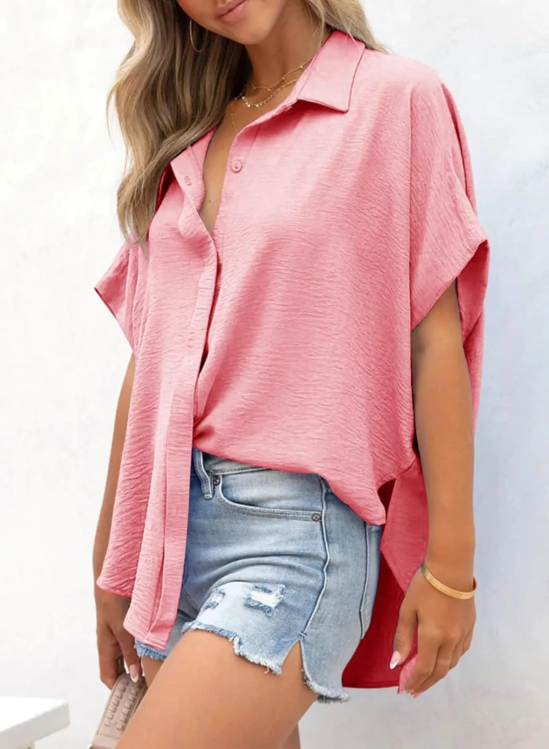Dokotoo Womens Tops Summer V Neck Button Down Shirts Solid Short Sleeve Blouses Tops