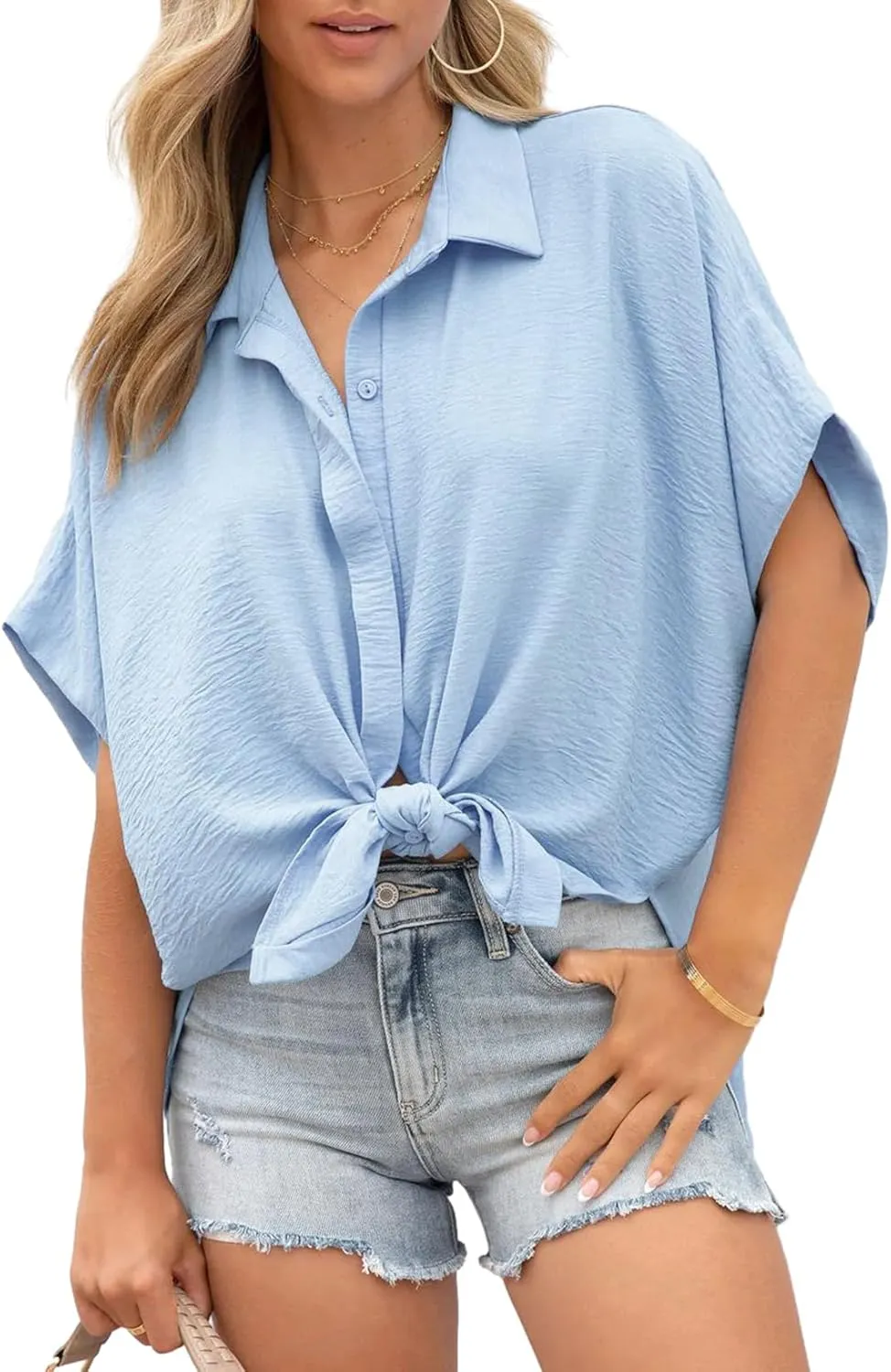 Dokotoo Womens Tops Summer V Neck Button Down Shirts Solid Short Sleeve Blouses Tops