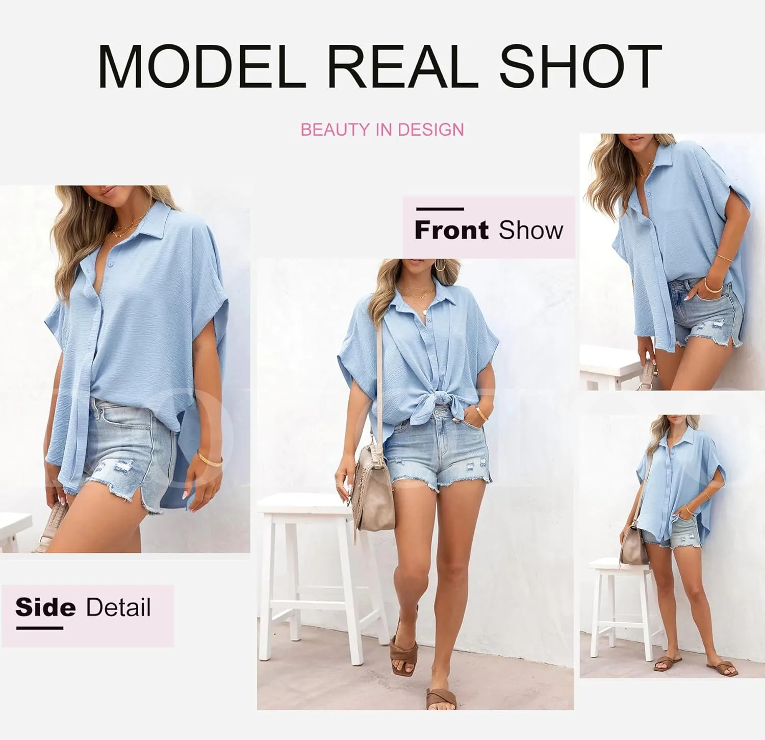 Dokotoo Womens Tops Summer V Neck Button Down Shirts Solid Short Sleeve Blouses Tops