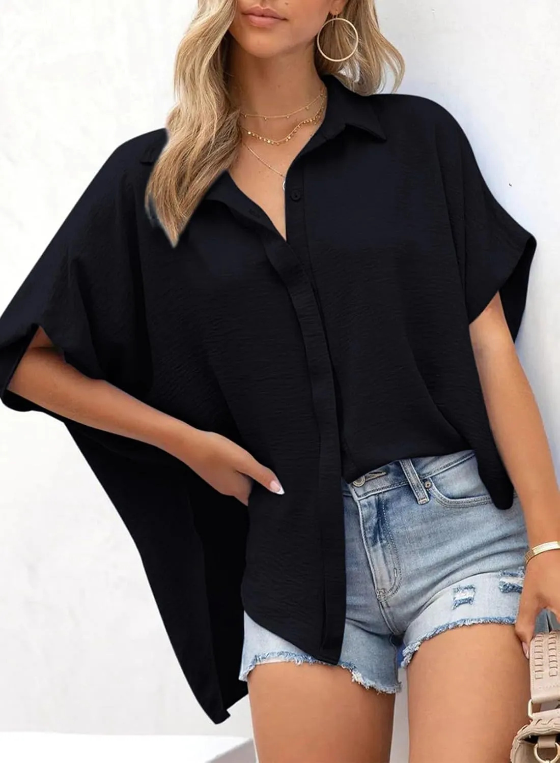 Dokotoo Womens Tops Summer V Neck Button Down Shirts Solid Short Sleeve Blouses Tops