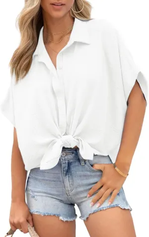 Dokotoo Womens Tops Summer V Neck Button Down Shirts Solid Short Sleeve Blouses Tops