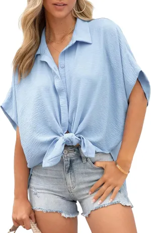 Dokotoo Womens Tops Summer V Neck Button Down Shirts Solid Short Sleeve Blouses Tops