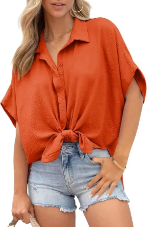 Dokotoo Womens Tops Summer V Neck Button Down Shirts Solid Short Sleeve Blouses Tops
