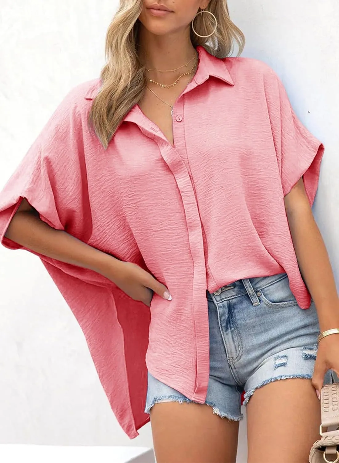 Dokotoo Womens Tops Summer V Neck Button Down Shirts Solid Short Sleeve Blouses Tops