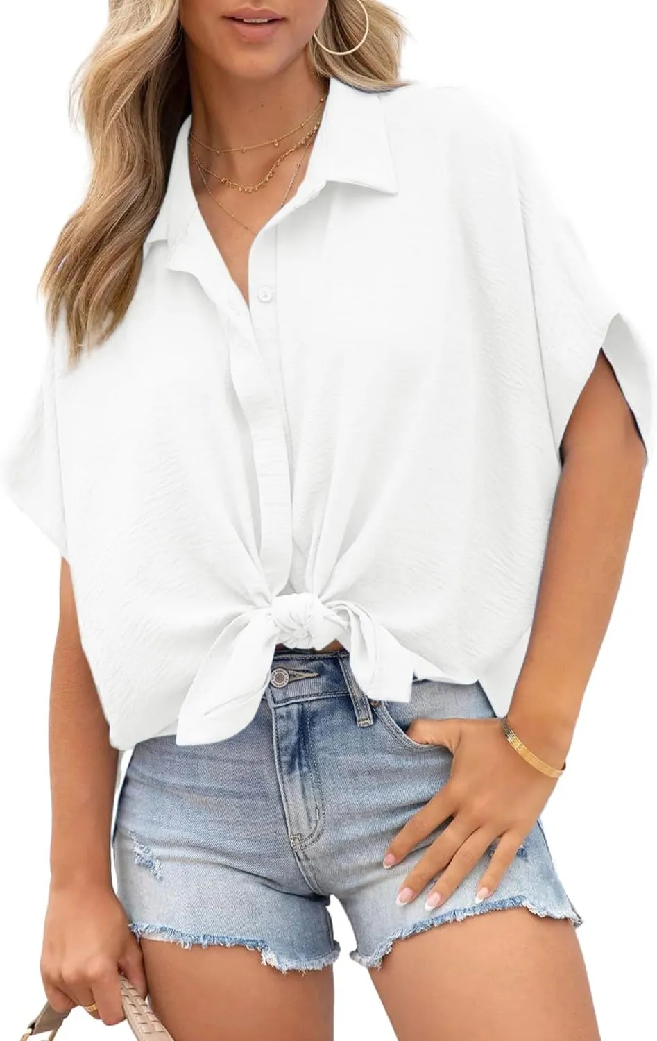 Dokotoo Womens Tops Summer V Neck Button Down Shirts Solid Short Sleeve Blouses Tops