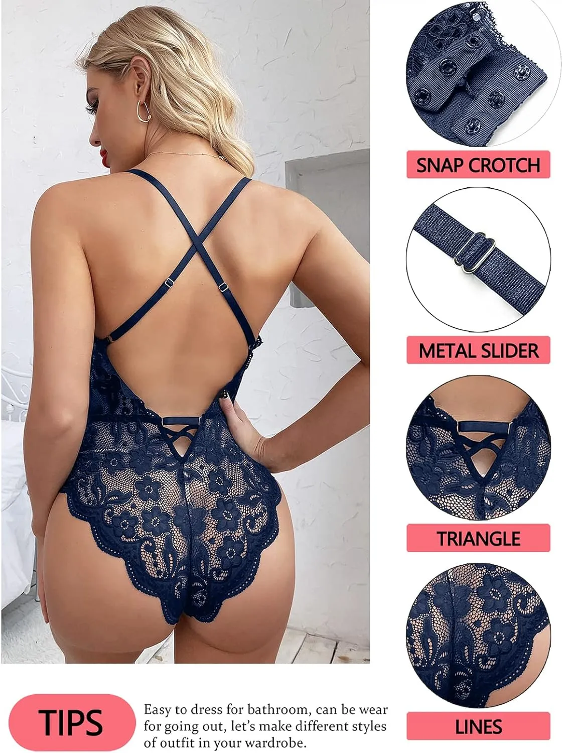 dream love Women Snap Crotch Lingerie Sexy Lace Bodysuit Deep V Teddy Sleepwear One Piece Lace Babydoll S-XXL