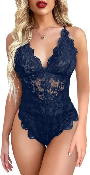 dream love Women Snap Crotch Lingerie Sexy Lace Bodysuit Deep V Teddy Sleepwear One Piece Lace Babydoll S-XXL