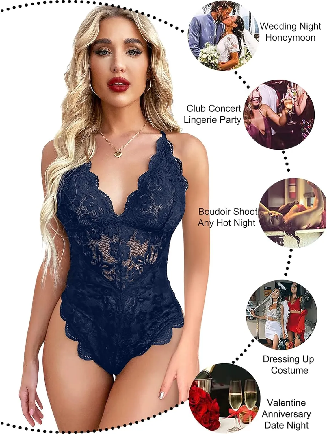 dream love Women Snap Crotch Lingerie Sexy Lace Bodysuit Deep V Teddy Sleepwear One Piece Lace Babydoll S-XXL