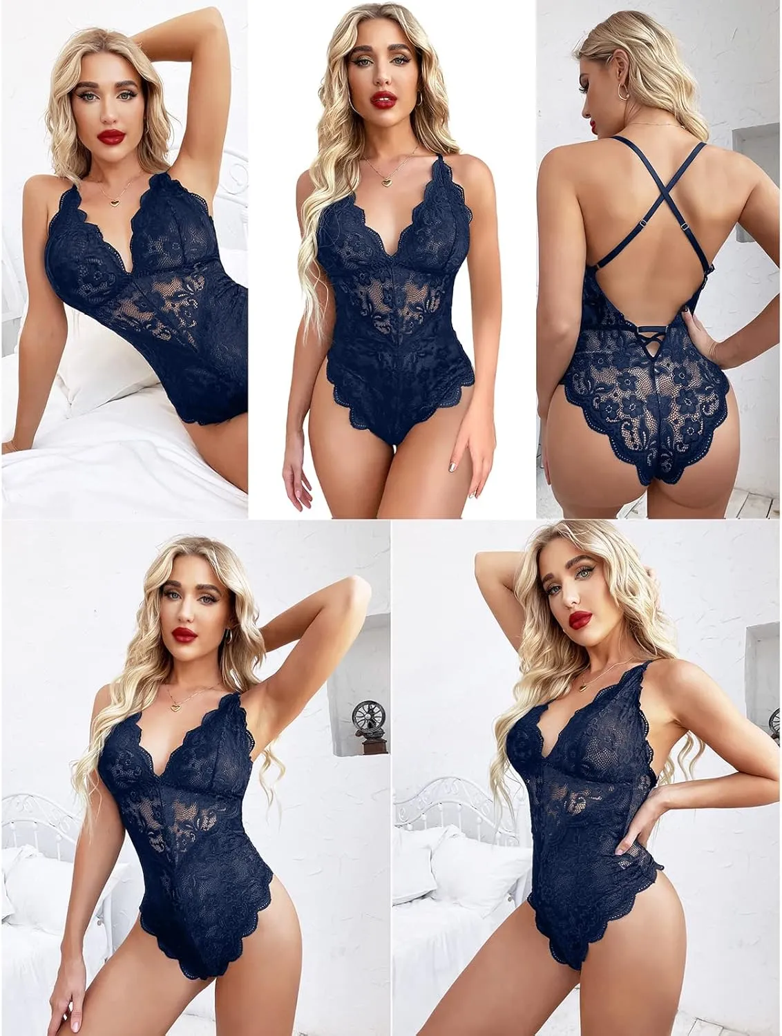 dream love Women Snap Crotch Lingerie Sexy Lace Bodysuit Deep V Teddy Sleepwear One Piece Lace Babydoll S-XXL