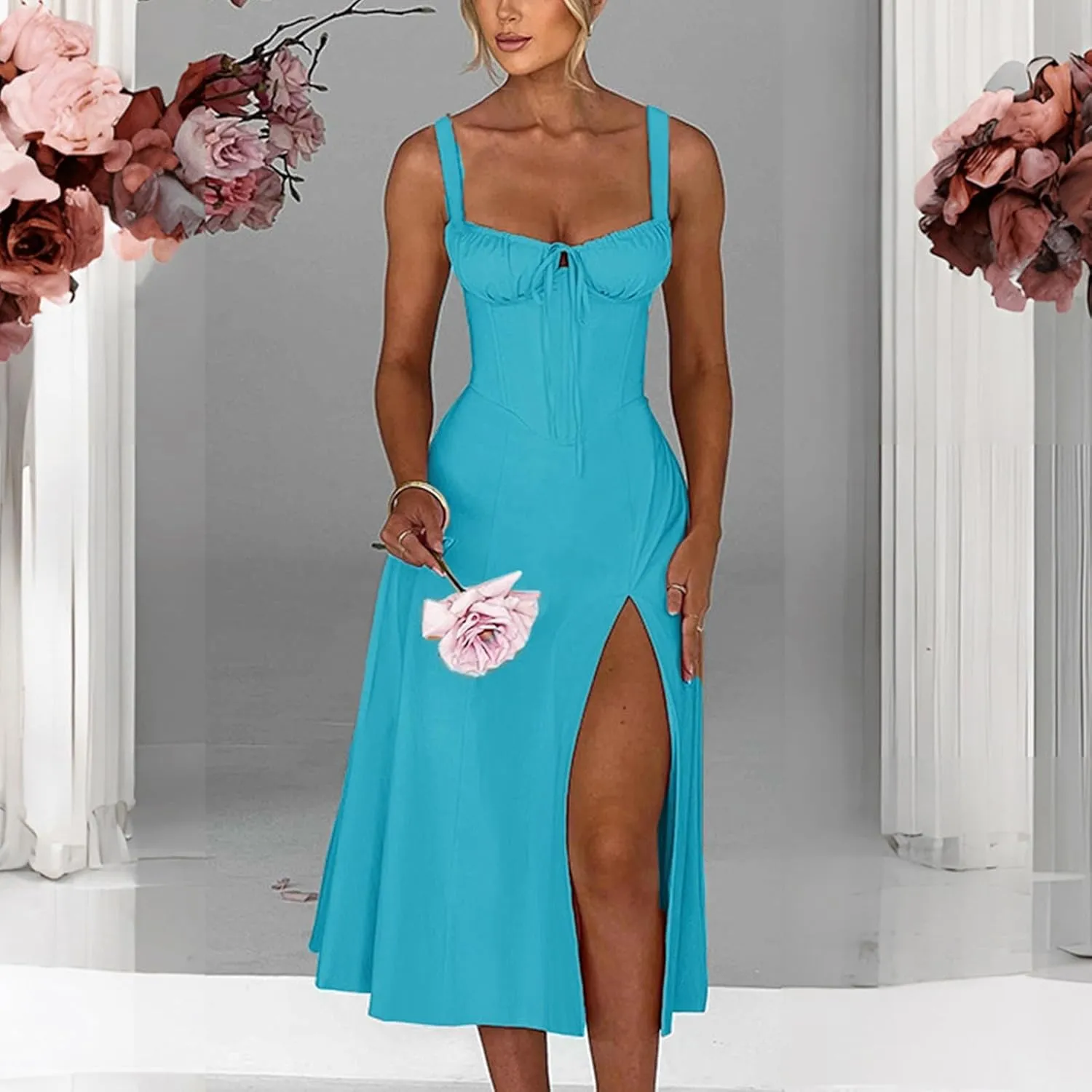 Dresses for Wedding Guest Beach Comfy Linen Spaghetti Straps Empire Waist Pastel Dress with Slit Holiday Baby Shower Outfit