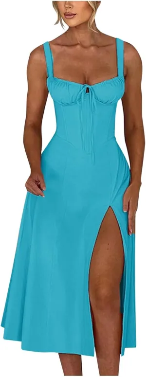Dresses for Wedding Guest Beach Comfy Linen Spaghetti Straps Empire Waist Pastel Dress with Slit Holiday Baby Shower Outfit