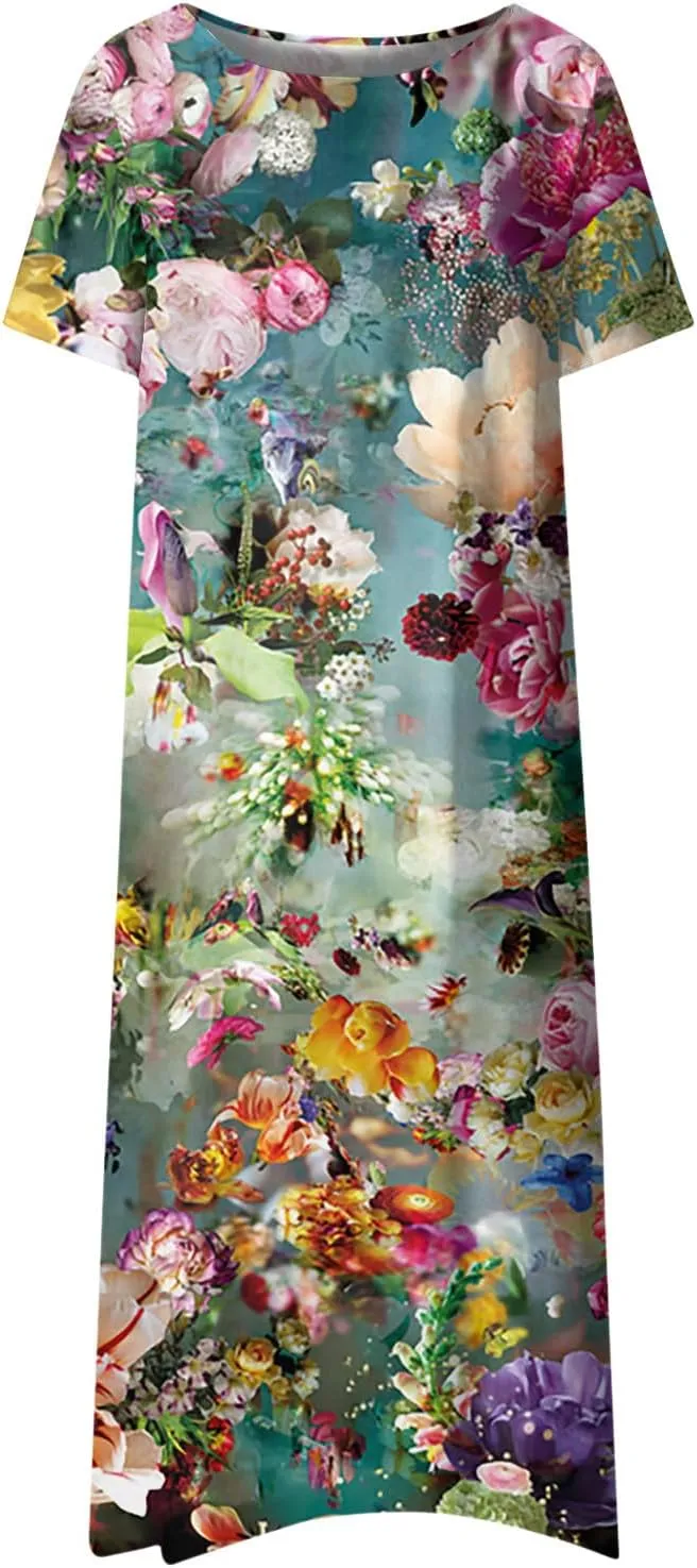 Dresses for Women 2024 Pleated Printed Dresses Round Neck Short Sleeve Maxi Dress Pocket Lightweight Long Dresses