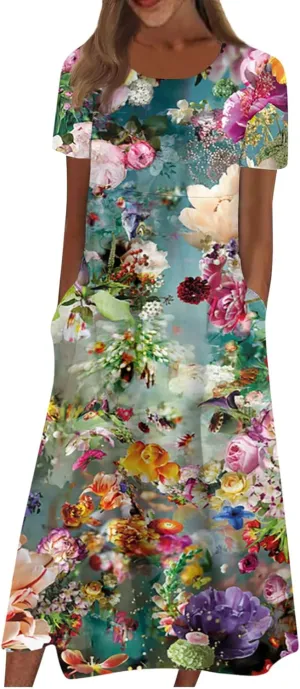 Dresses for Women 2024 Pleated Printed Dresses Round Neck Short Sleeve Maxi Dress Pocket Lightweight Long Dresses