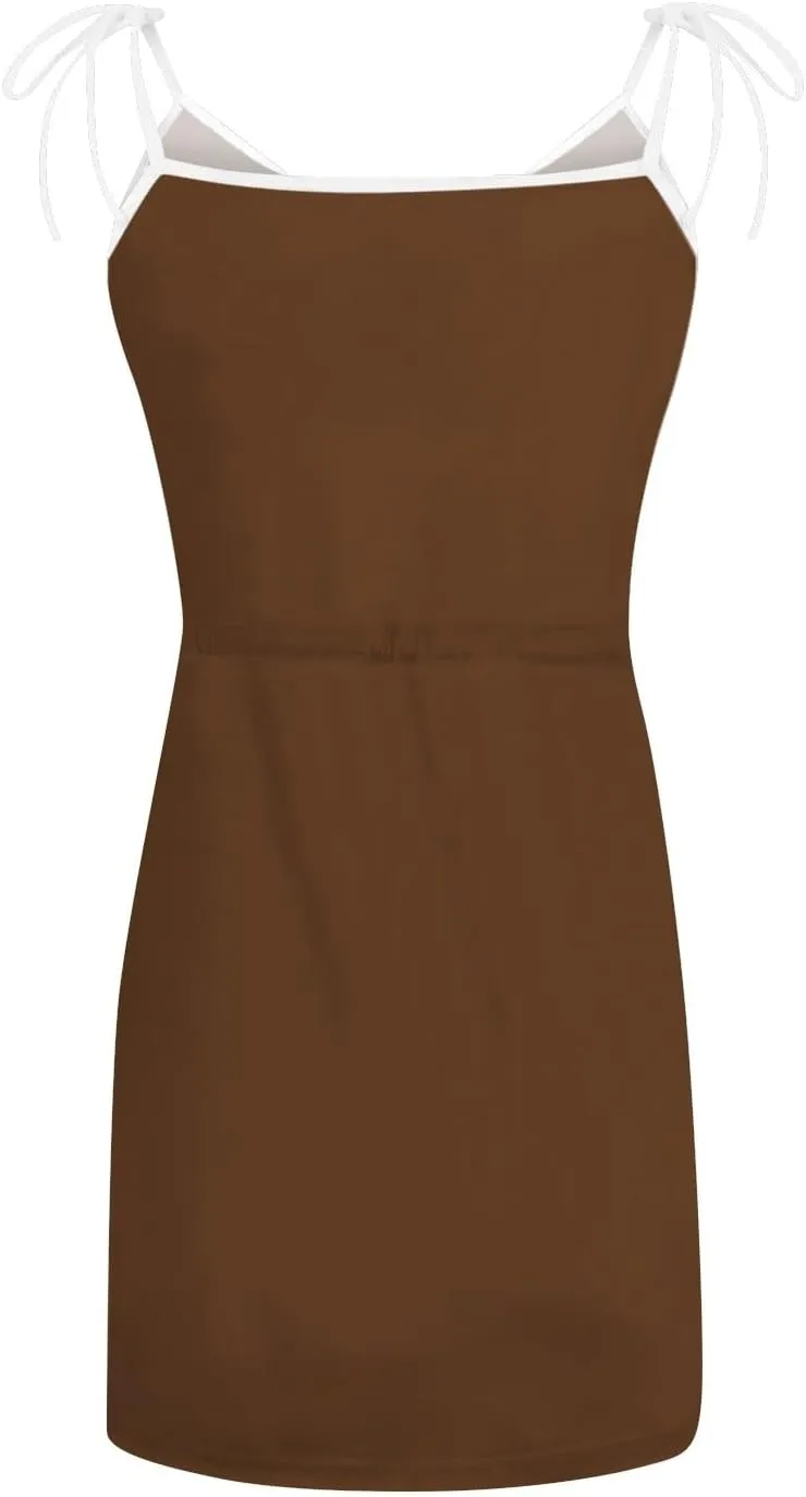 Dresses for Women 2024 Pockets Drawstring Tank Dresses Printed V Neck Mini Dresses Sleeveless Casual Beach Dress