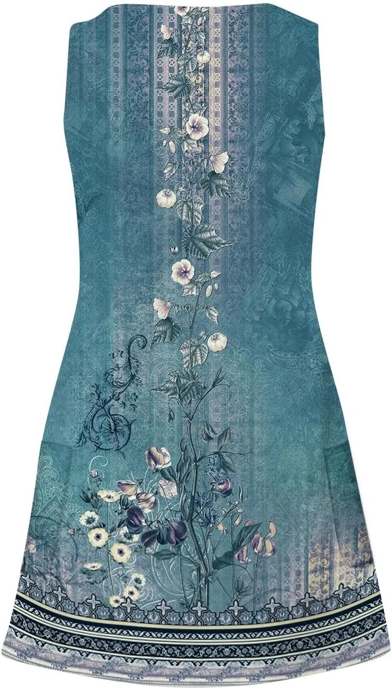 Dresses for Women 2024 Pockets Printed Tank Dresses Sleeveless V Neck Sundresses Trendy Elegant Mini Dresses