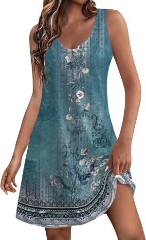 Dresses for Women 2024 Pockets Printed Tank Dresses Sleeveless V Neck Sundresses Trendy Elegant Mini Dresses