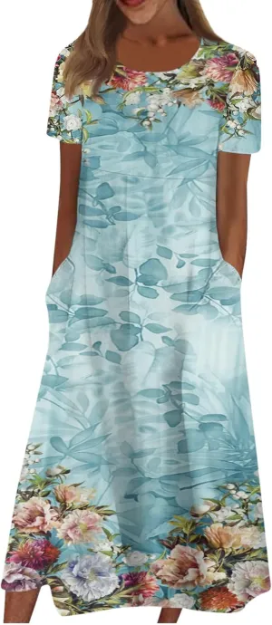 Dresses for Women 2024 Printed Pleated Long Dresses Short Sleeve Round Neck Beach Dress Pocket Lightweight Dresses