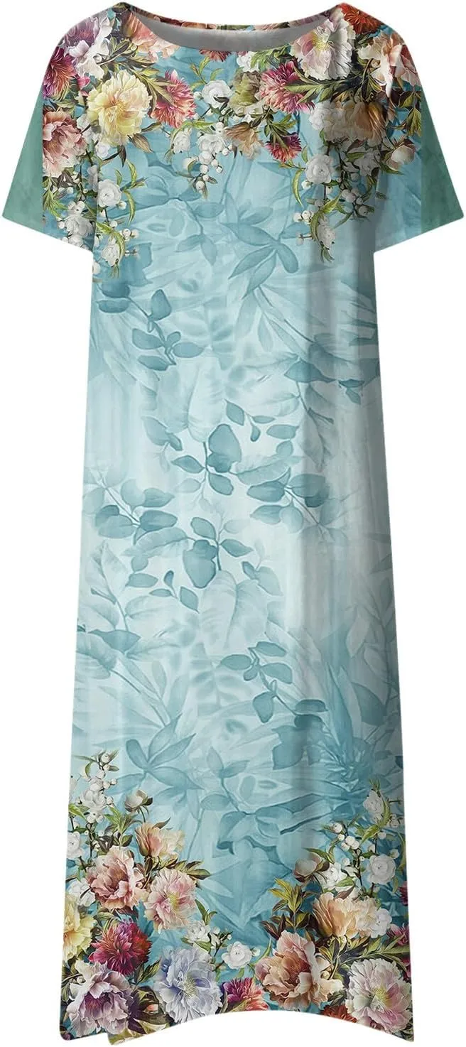 Dresses for Women 2024 Printed Pleated Long Dresses Short Sleeve Round Neck Beach Dress Pocket Lightweight Dresses