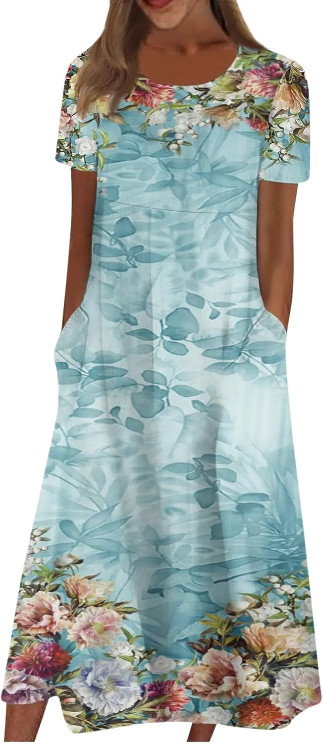 Dresses for Women 2024 Printed Pleated Long Dresses Short Sleeve Round Neck Beach Dress Pocket Lightweight Dresses