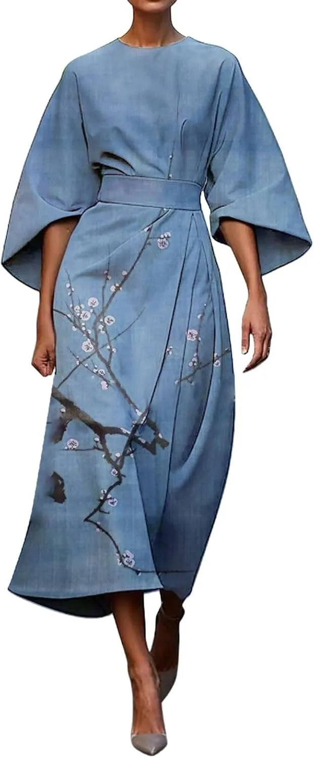 Dresses for Women 2025 Elegant Classy,Womens Summer Elegant Floral Printed Empire Waist Cute Crew Neck Loose Fit Dresses