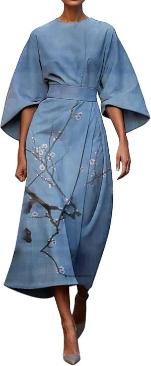 Dresses for Women 2025 Elegant Classy,Womens Summer Elegant Floral Printed Empire Waist Cute Crew Neck Loose Fit Dresses