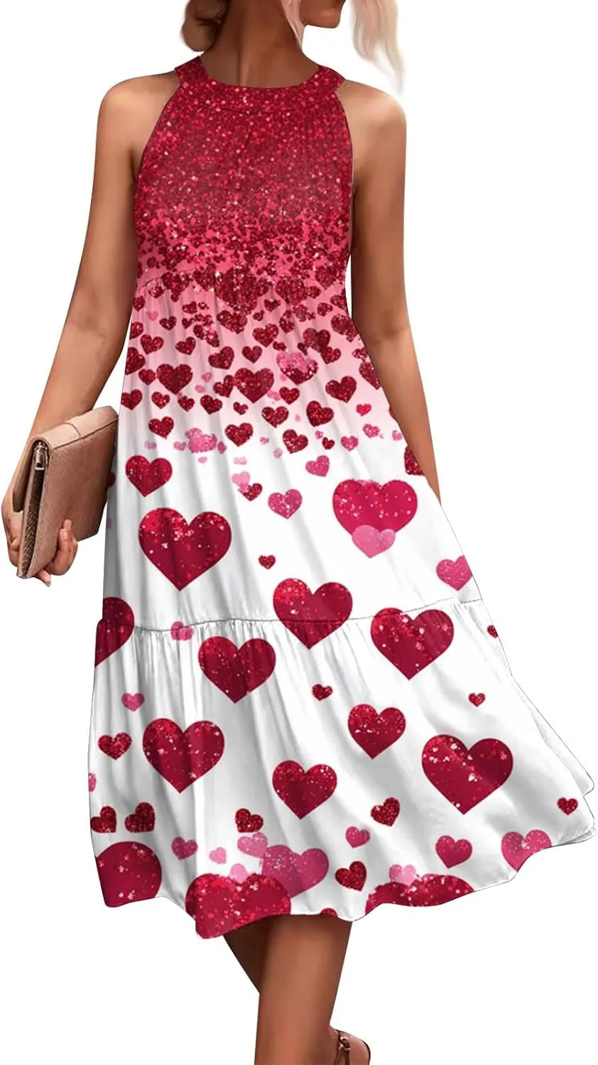 Dresses for Women 2025 Hanging Neck Splicing Beach Dress Floral Print Sleeveless Tank Dresses Casual Midi Dresses