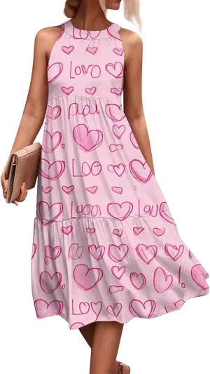 Dresses for Women 2025 Hanging Neck Splicing Beach Dress Floral Print Sleeveless Tank Dresses Casual Midi Dresses