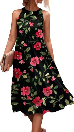 Dresses for Women 2025 Sleeveless Floral Print Tank Dresses Hanging Neck Splicing Midi Dresses Loose Sundresses
