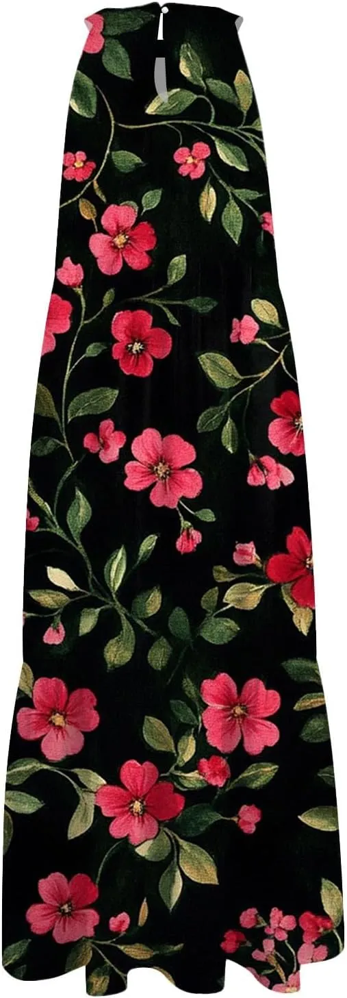 Dresses for Women 2025 Sleeveless Floral Print Tank Dresses Hanging Neck Splicing Midi Dresses Loose Sundresses