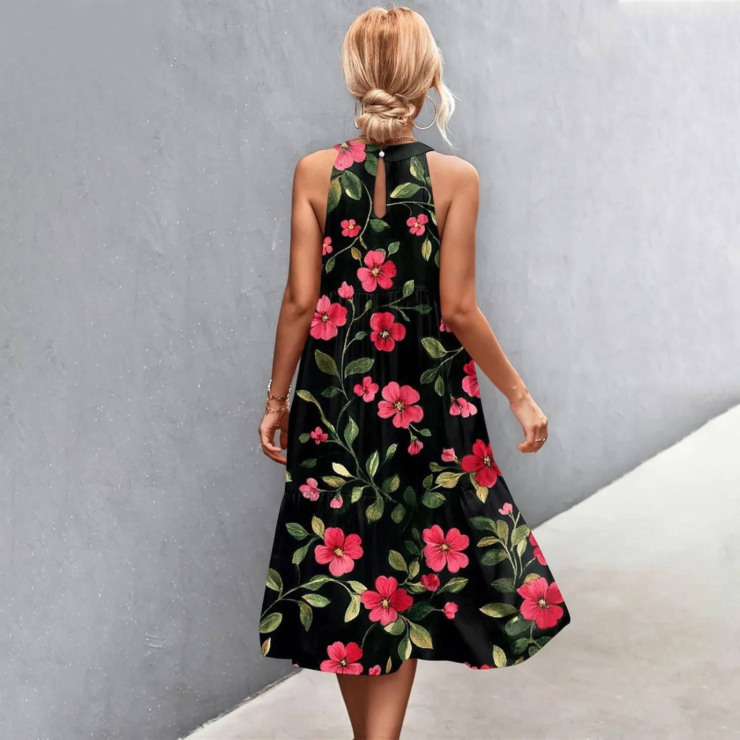 Dresses for Women 2025 Sleeveless Floral Print Tank Dresses Hanging Neck Splicing Midi Dresses Loose Sundresses