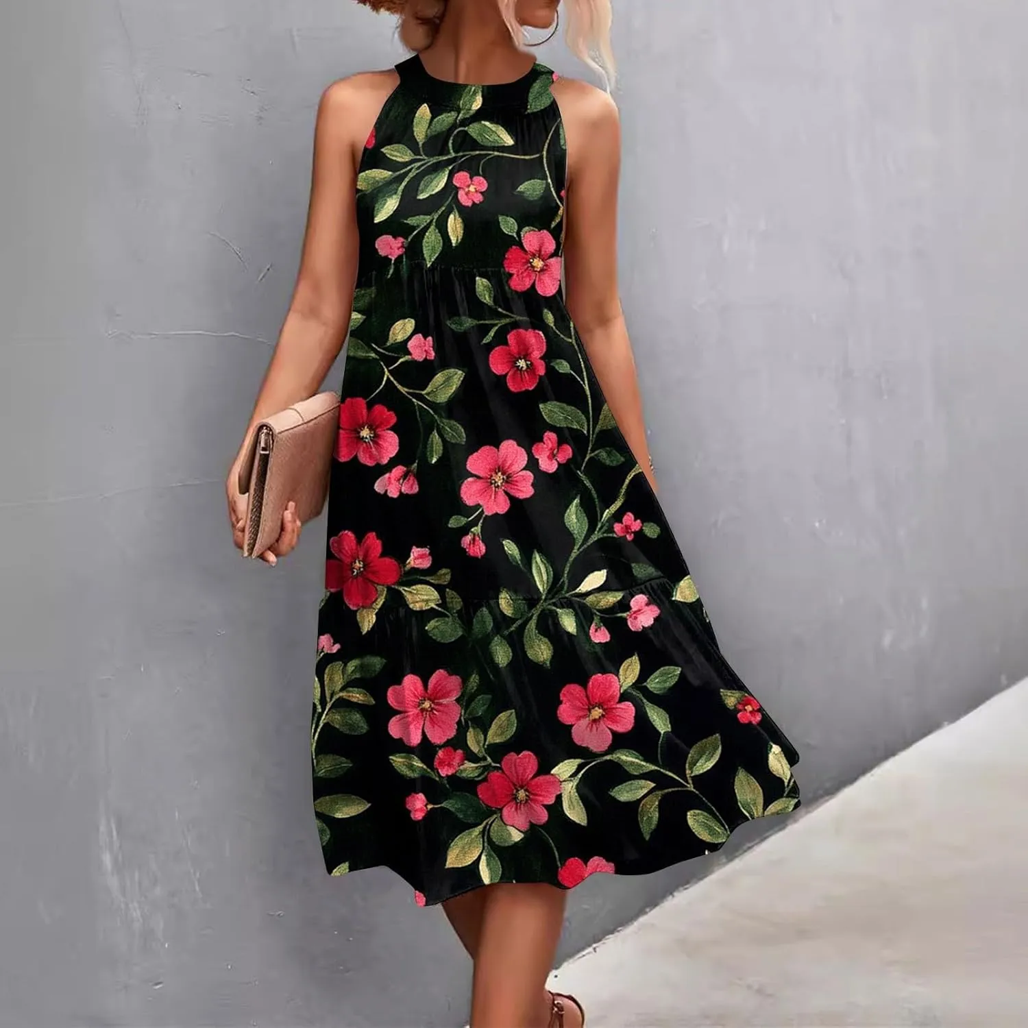 Dresses for Women 2025 Sleeveless Floral Print Tank Dresses Hanging Neck Splicing Midi Dresses Loose Sundresses