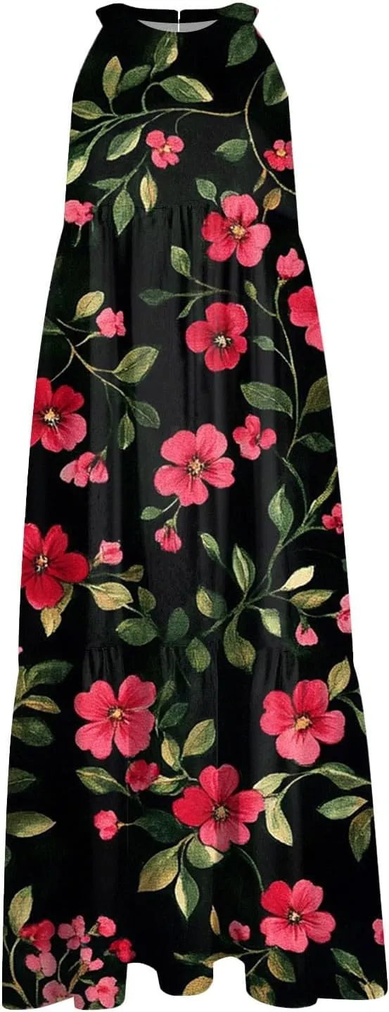 Dresses for Women 2025 Sleeveless Floral Print Tank Dresses Hanging Neck Splicing Midi Dresses Loose Sundresses