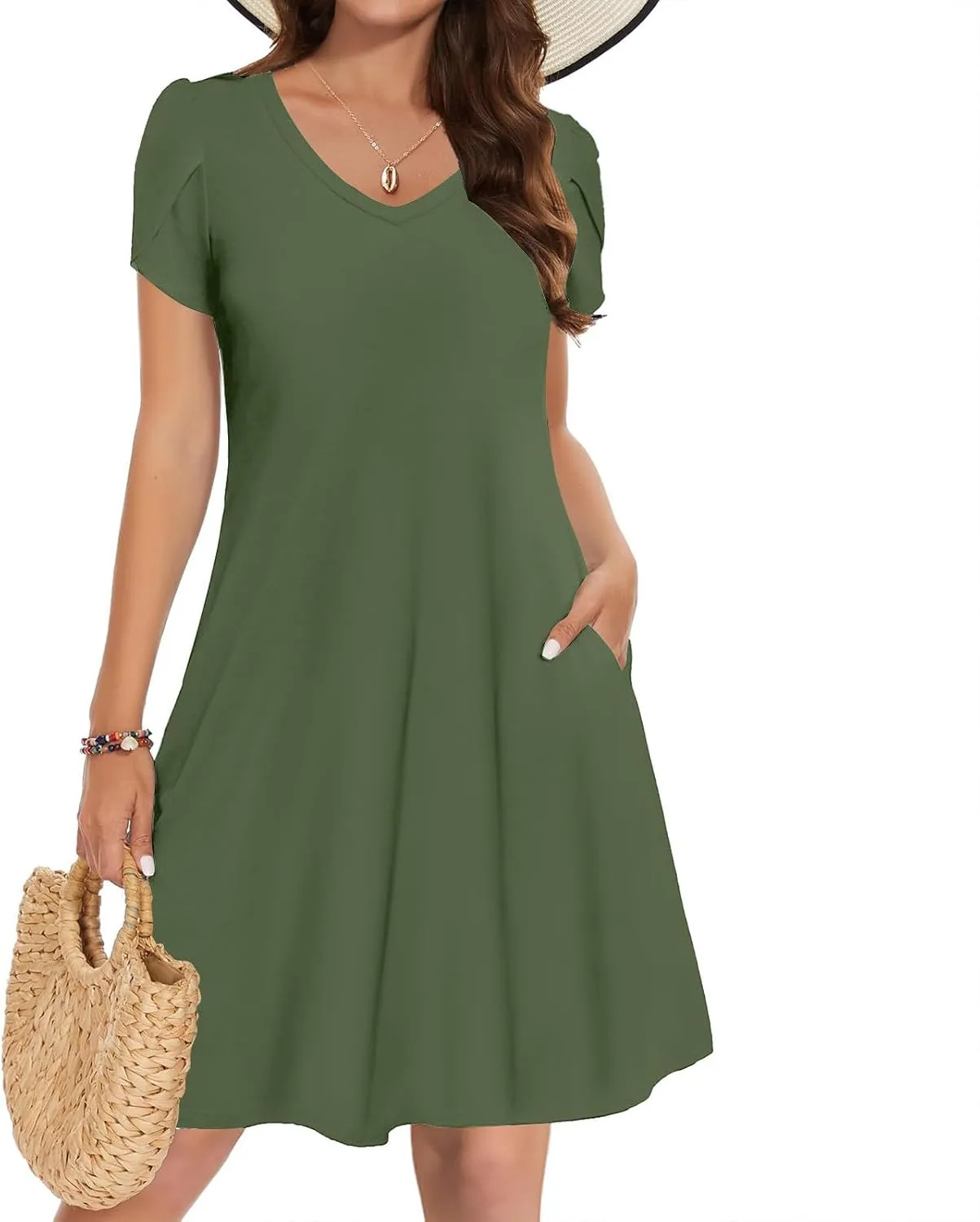 Dresses for Women Summer Plus Size Dresses Short Sleeve V Neck Casual Mini Dress Solid Loose Sundresses with Pocket